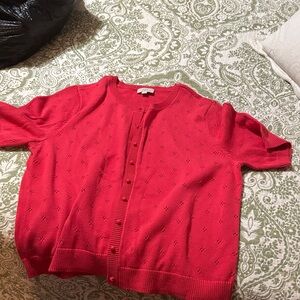 LOFT Red Eyelet Button-Up Cardigan